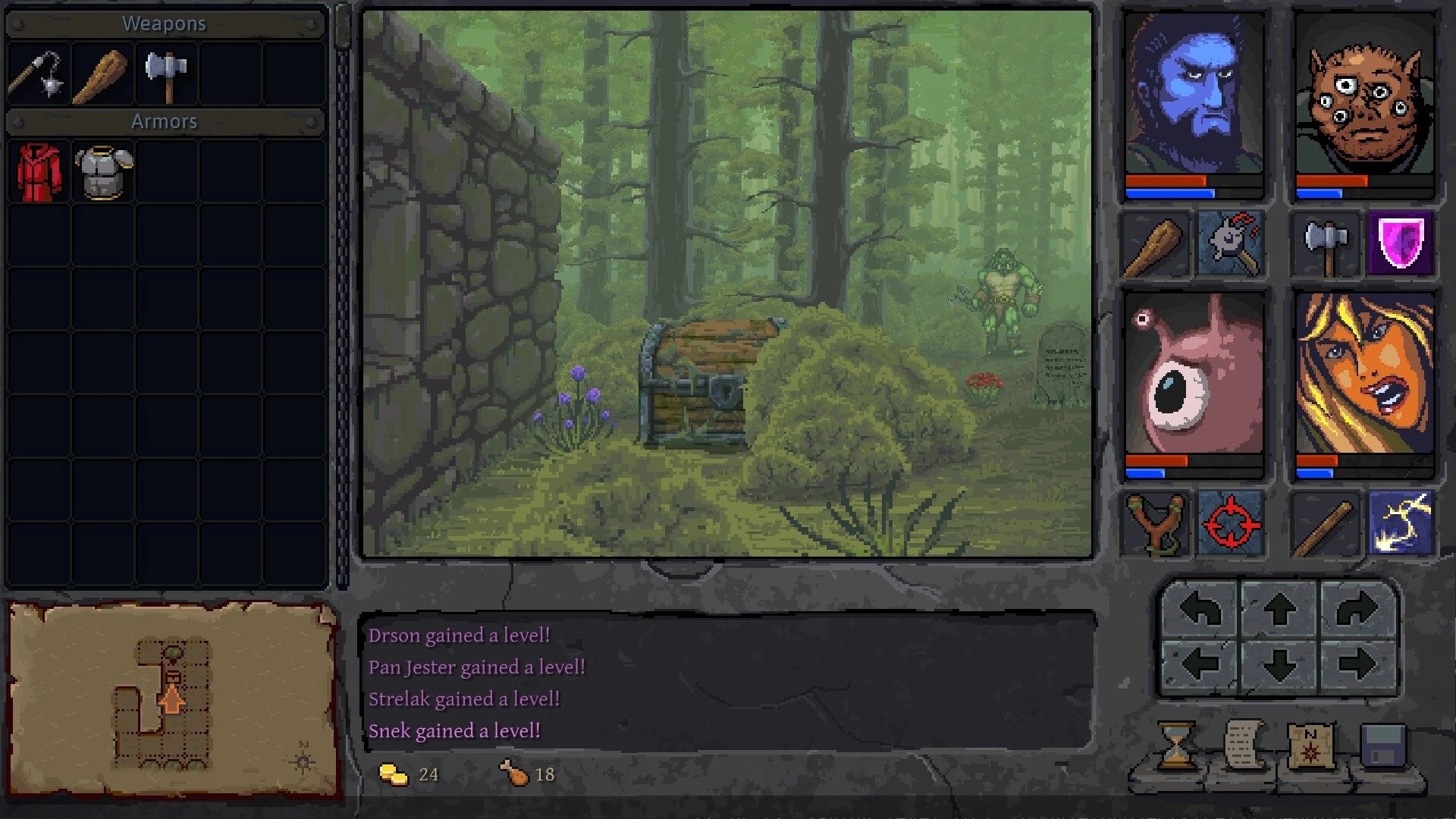 Underkeep: Party HUD and inventory open beside a treasure chest in a misty forest ruin clearing.