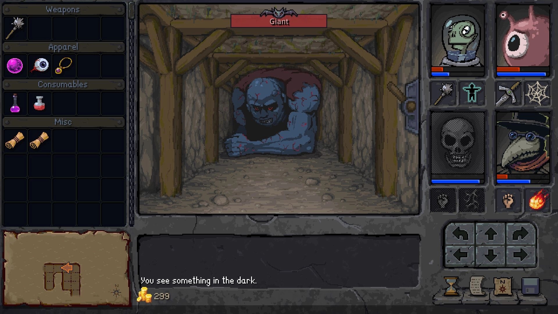 Underkeep: Party UI and inventory open as a giant blocks a timbered mine tunnel corridor.