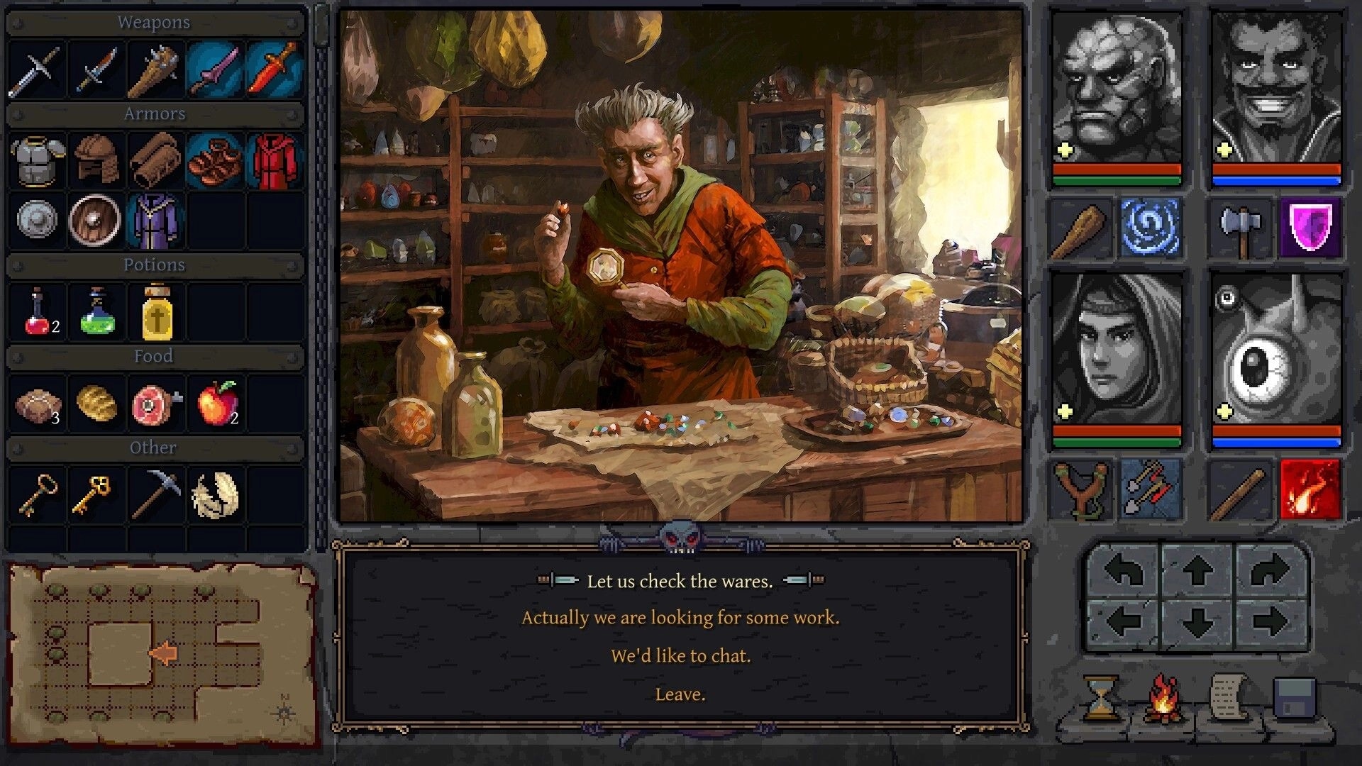 Underkeep: Trading dialogue with shopkeeper and party portraits, inventory UI in cluttered shop cave.