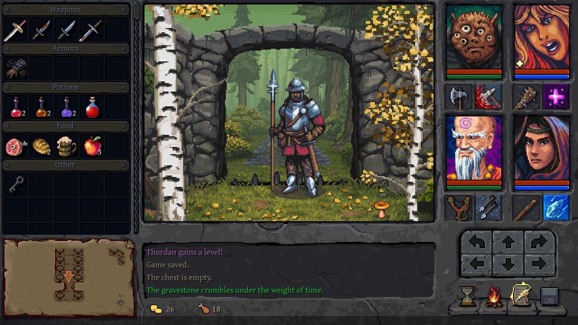 Underkeep: Inventory and party UI around a spear-wielding knight under a forest stone archway.