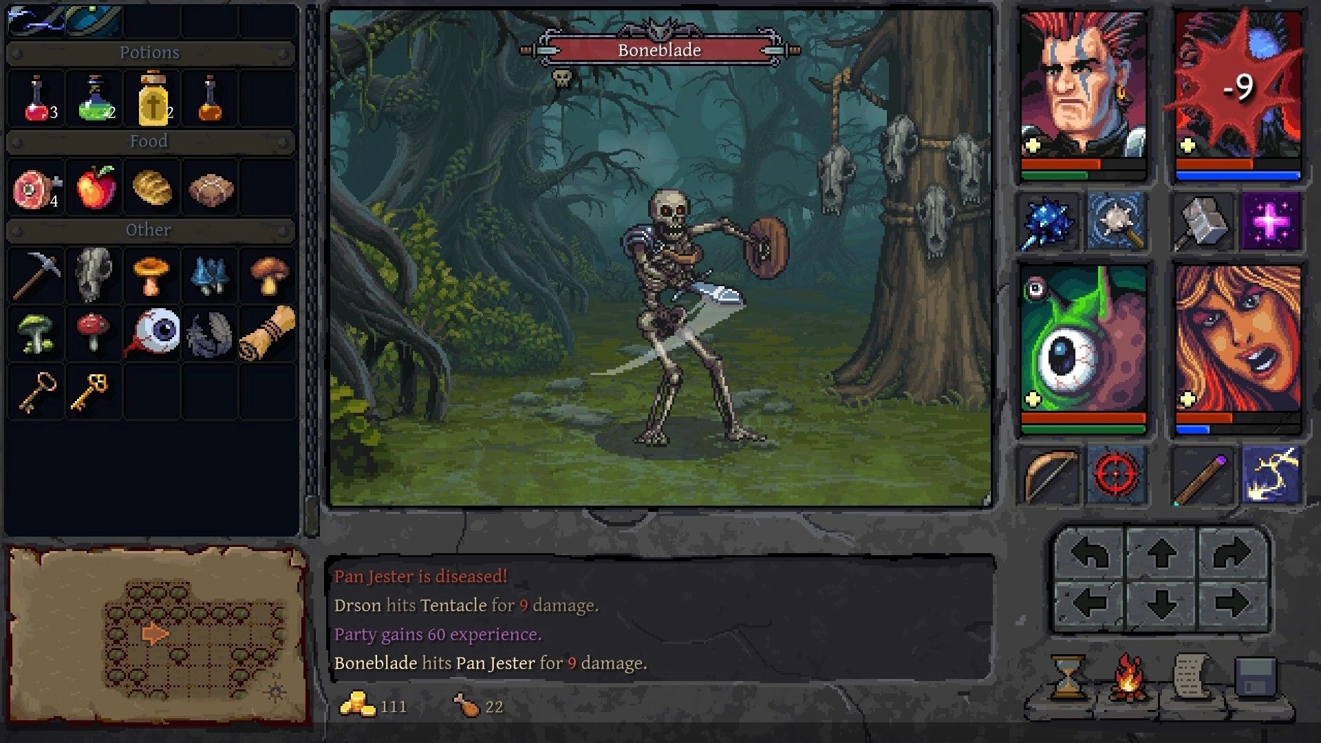 Underkeep: Turn-based battle UI with Boneblade skeleton attacking in a dark forest clearing.