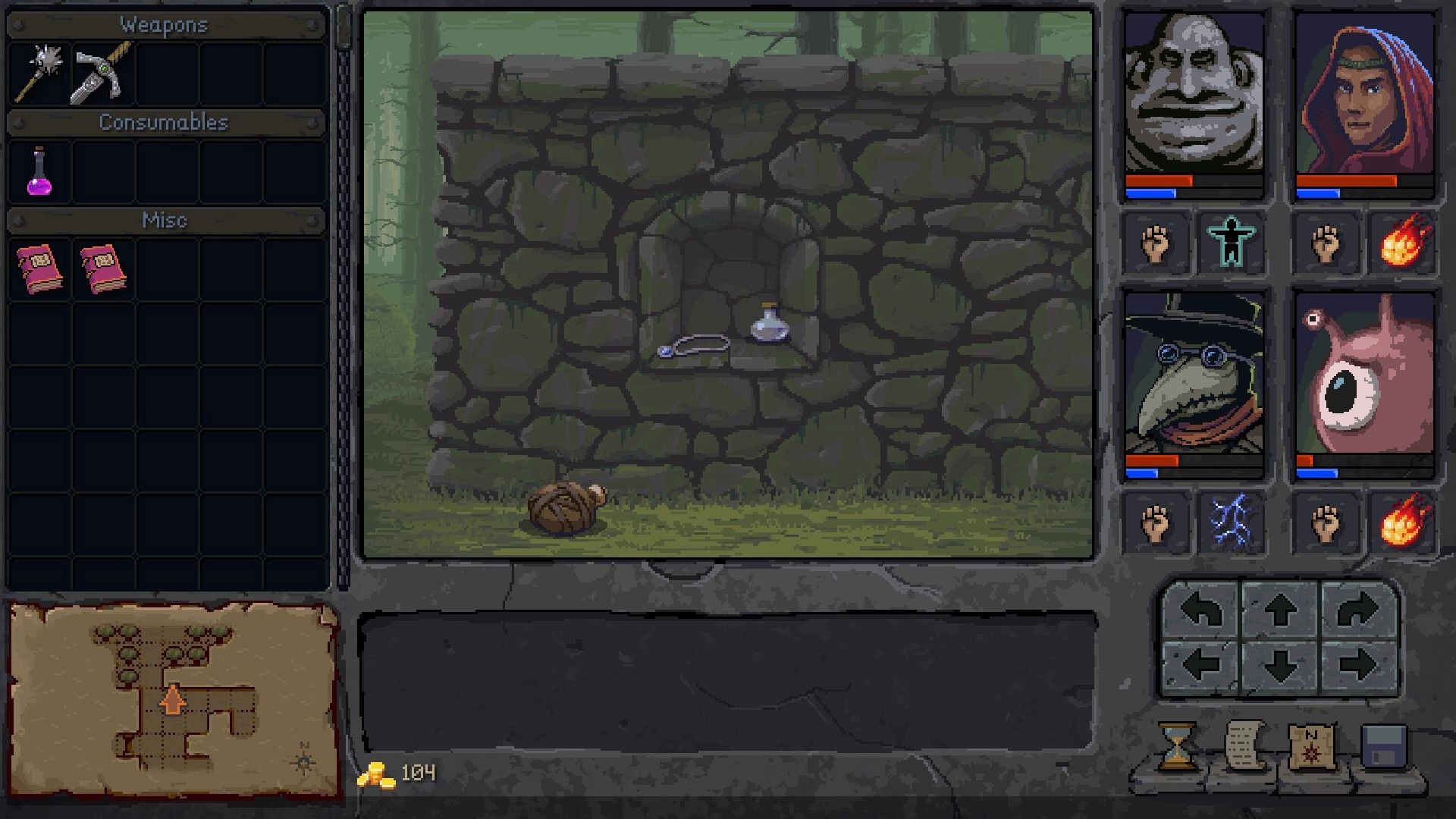 Underkeep: Party UI and inventory open while looting items at a stone wall alcove outdoors.