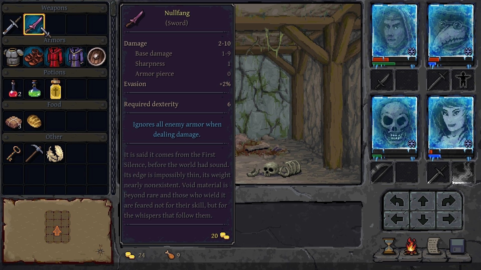 Underkeep: Inventory screen highlighting Nullfang sword stats beside party portraits in a wooden tunnel.