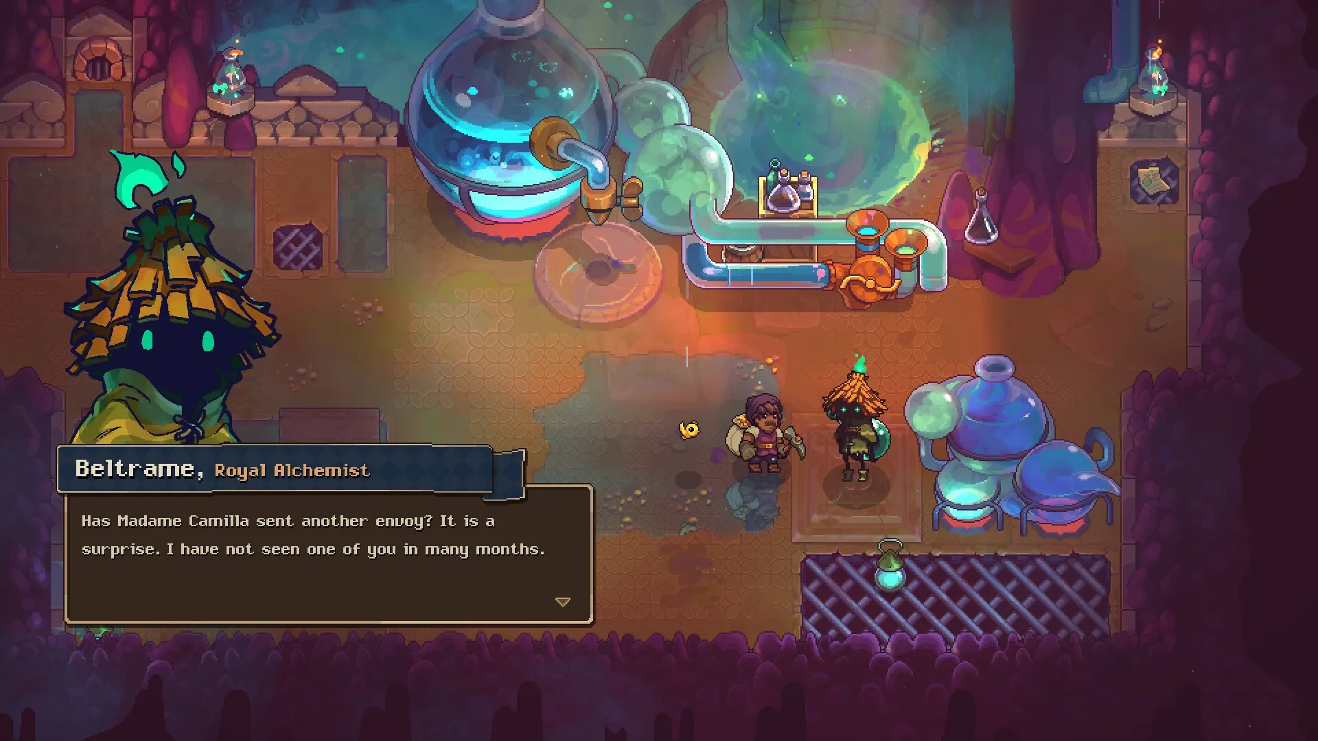 UnderMine 2: Beltrame converses with a miner in an alchemy lab, surrounded by colorful potions.