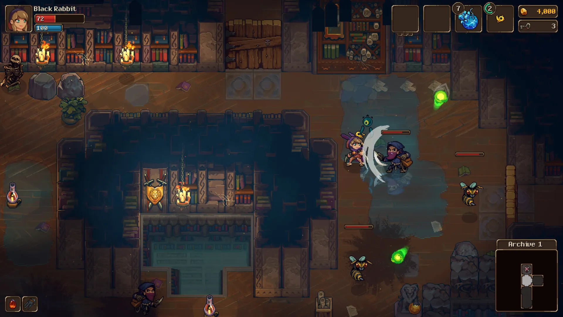 UnderMine 2: Black Rabbit battling enemies in a library setting with visible health bar and map