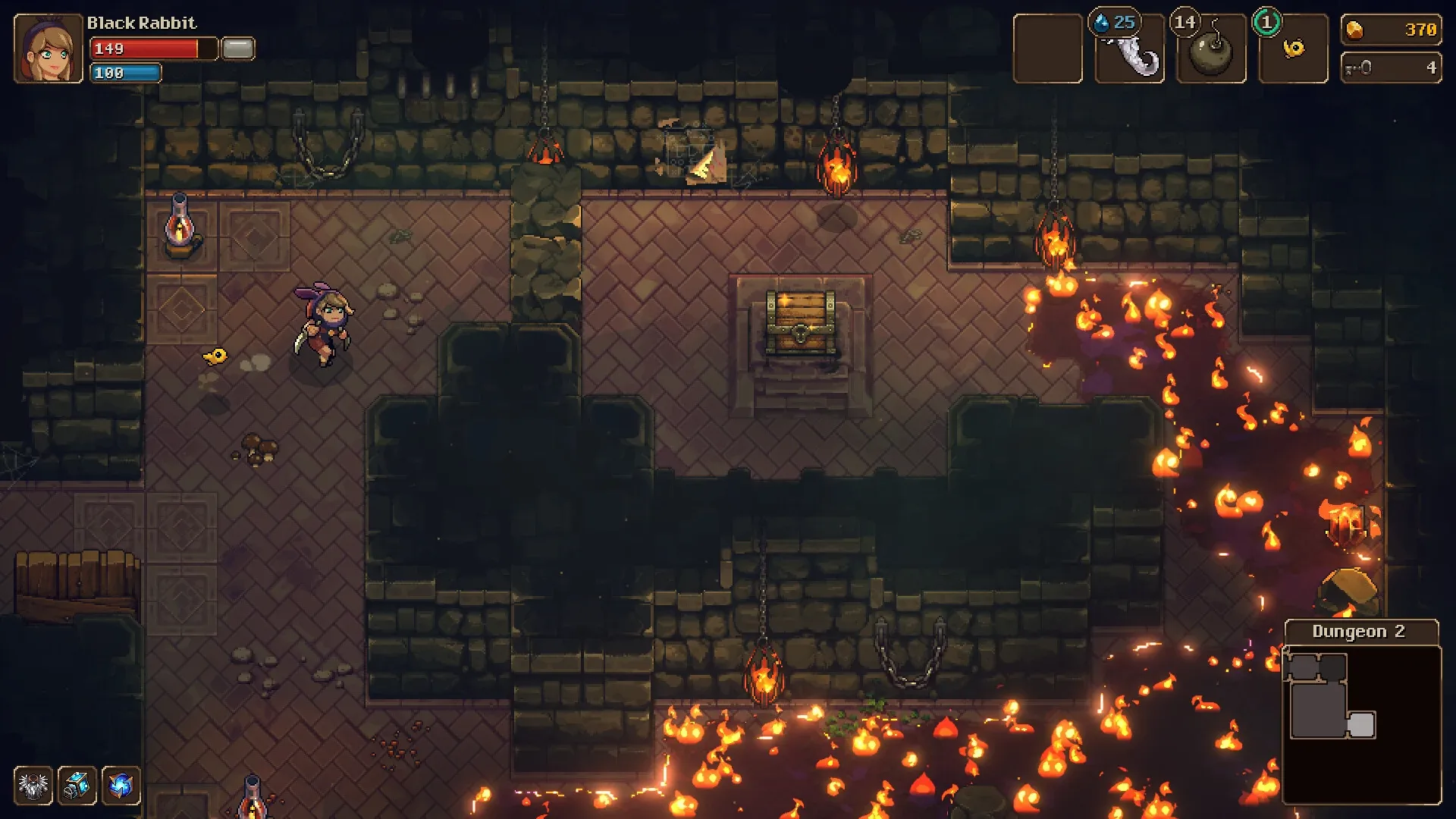 UnderMine 2: Black Rabbit explores dungeon with fiery traps and treasure chest in stone chamber