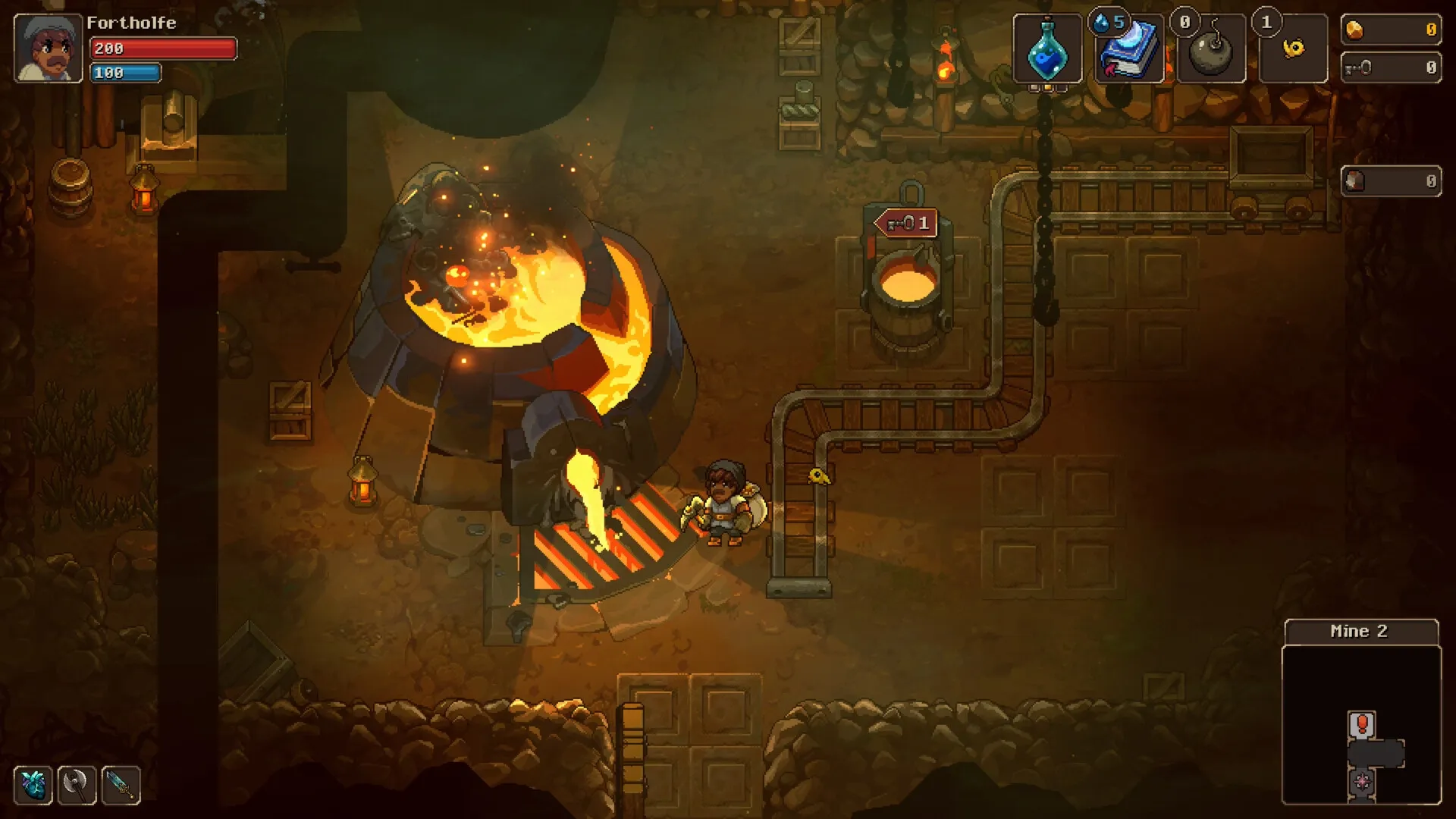 UnderMine 2: Character Fortholfe near a blazing forge with UI showing health and inventory in Mine 2