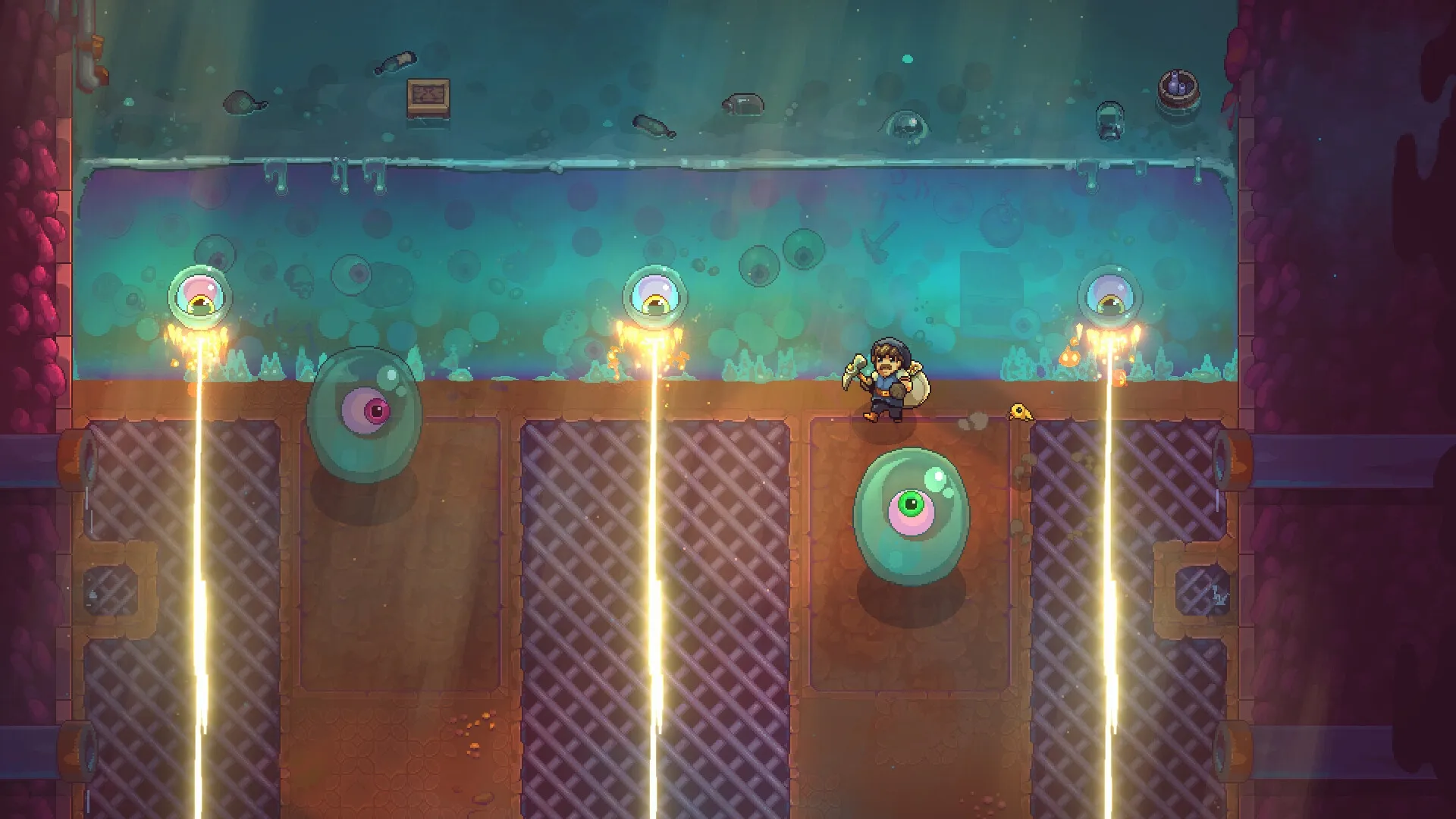 UnderMine 2: Player dodges laser beams from floating eye creatures in a watery underground chamber