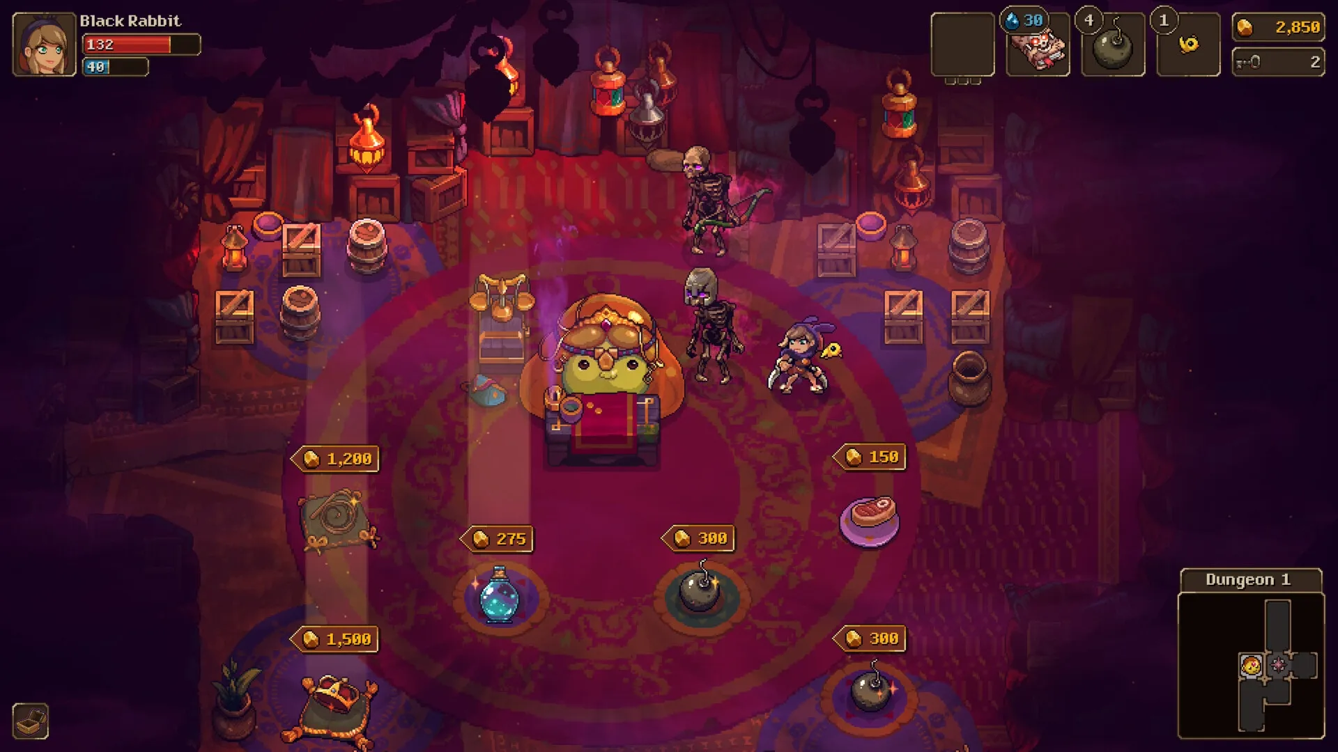 UnderMine 2: Black Rabbit shop with various items for sale and character health and gold displays