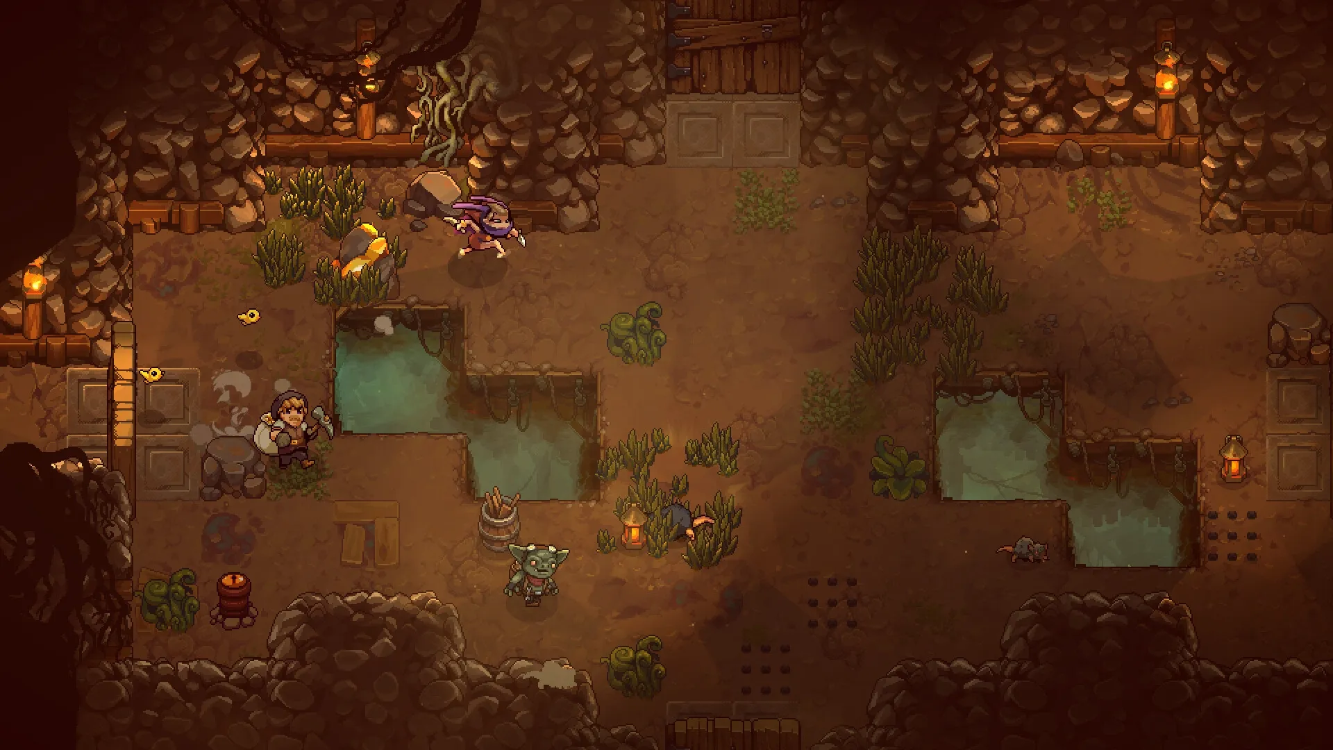 UnderMine 2: Character explores torch-lit cavern with goblin, water pools, and vegetation scattered around.