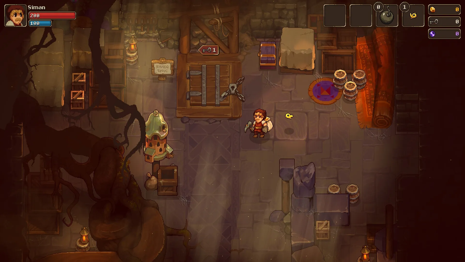 UnderMine 2: Siman stands in a dimly lit dungeon workshop, surrounded by crates and mystical artifacts.
