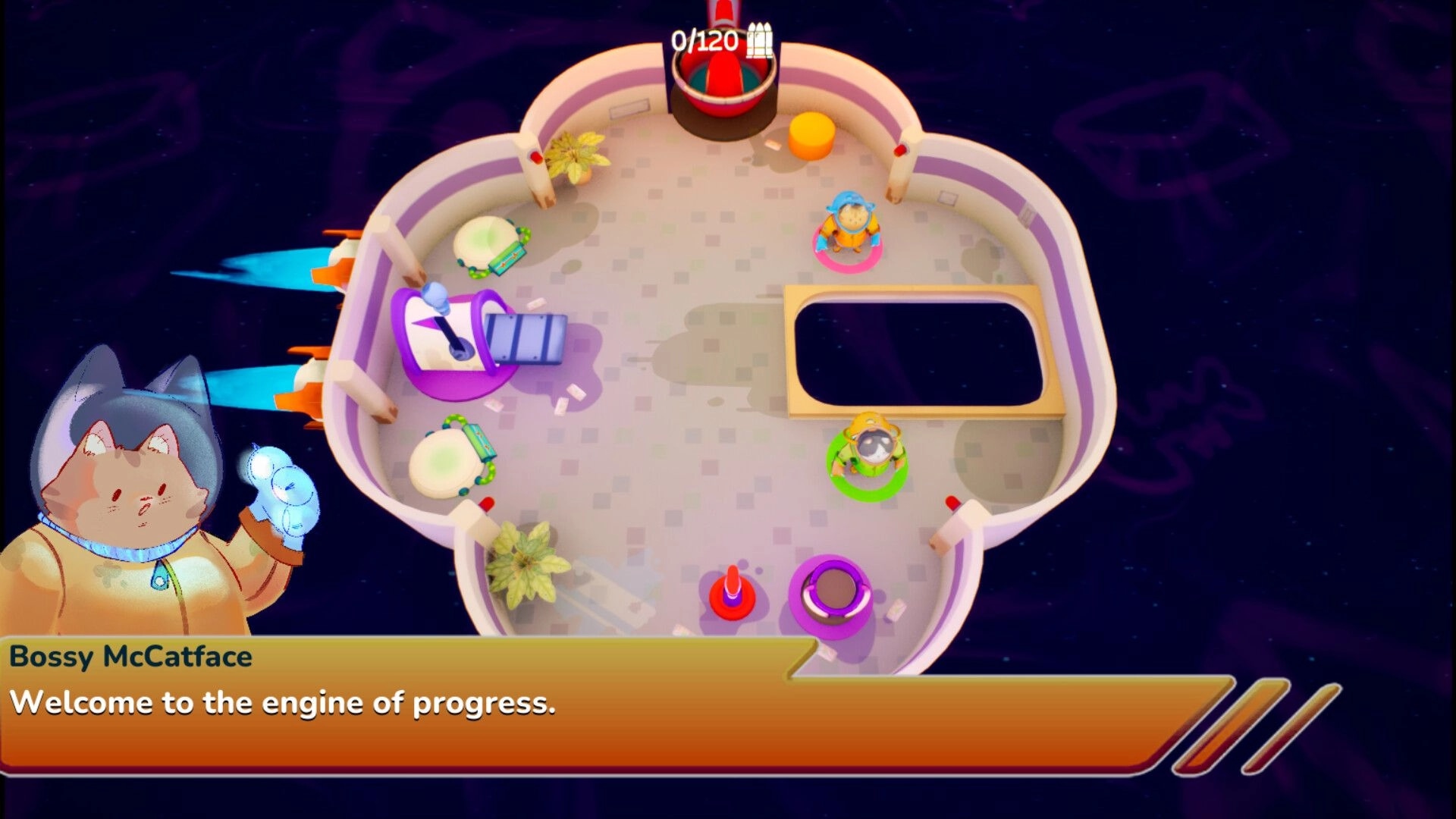 Underpacked!: Bossy McCatface speaks to crew in spaceship hub with plants, seats, and progress bar UI