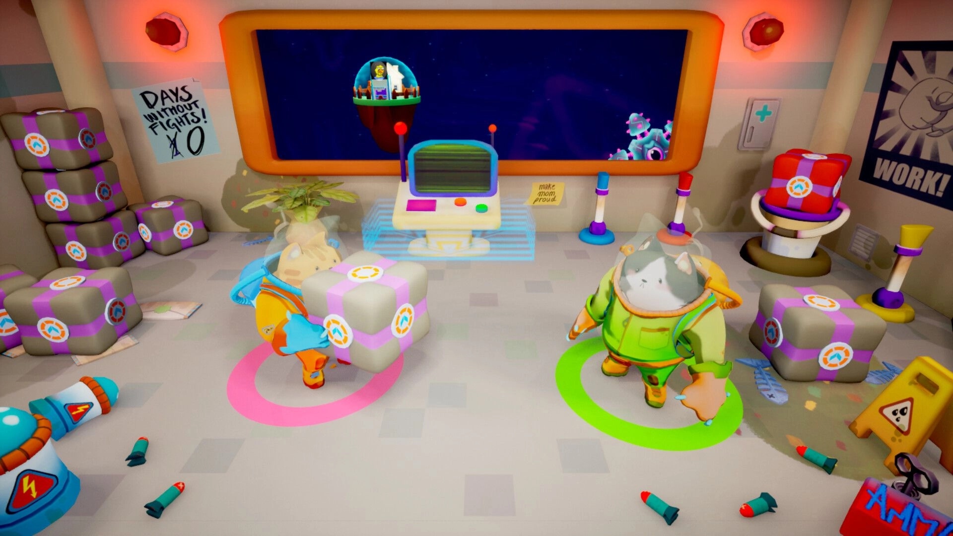 Underpacked!: Two characters organize packages in a spaceship cargo room with a galaxy view screen.