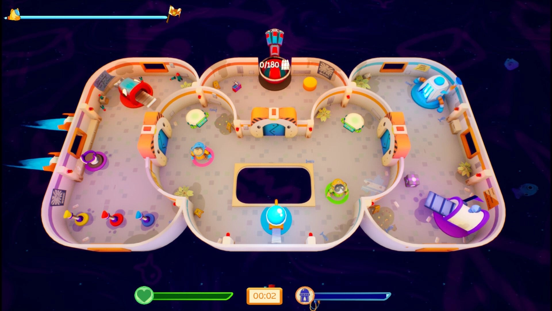 Underpacked!: Top-down view of spaceship interior with crew, timer, and health bar in a galactic setting