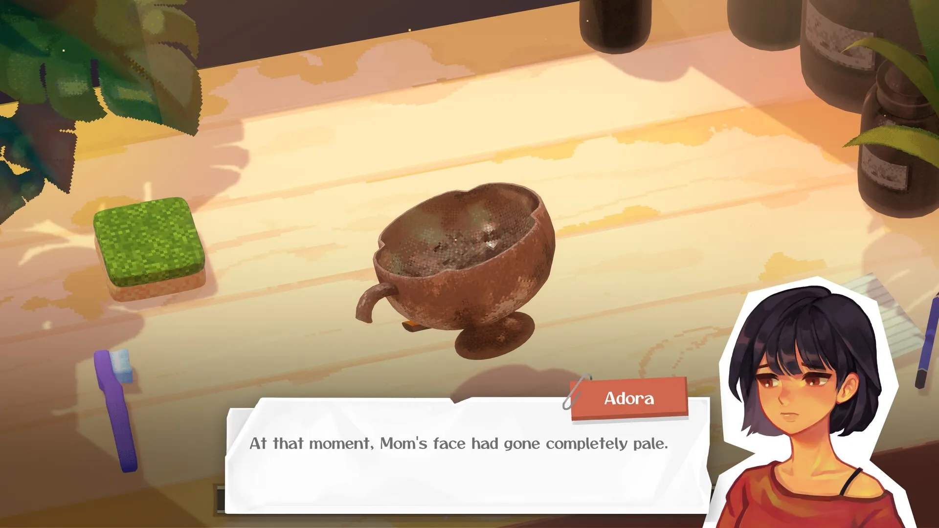 Undusted: Adora observes a rusty cup, sponge, and toothbrush on a wooden table in a sunlit room.