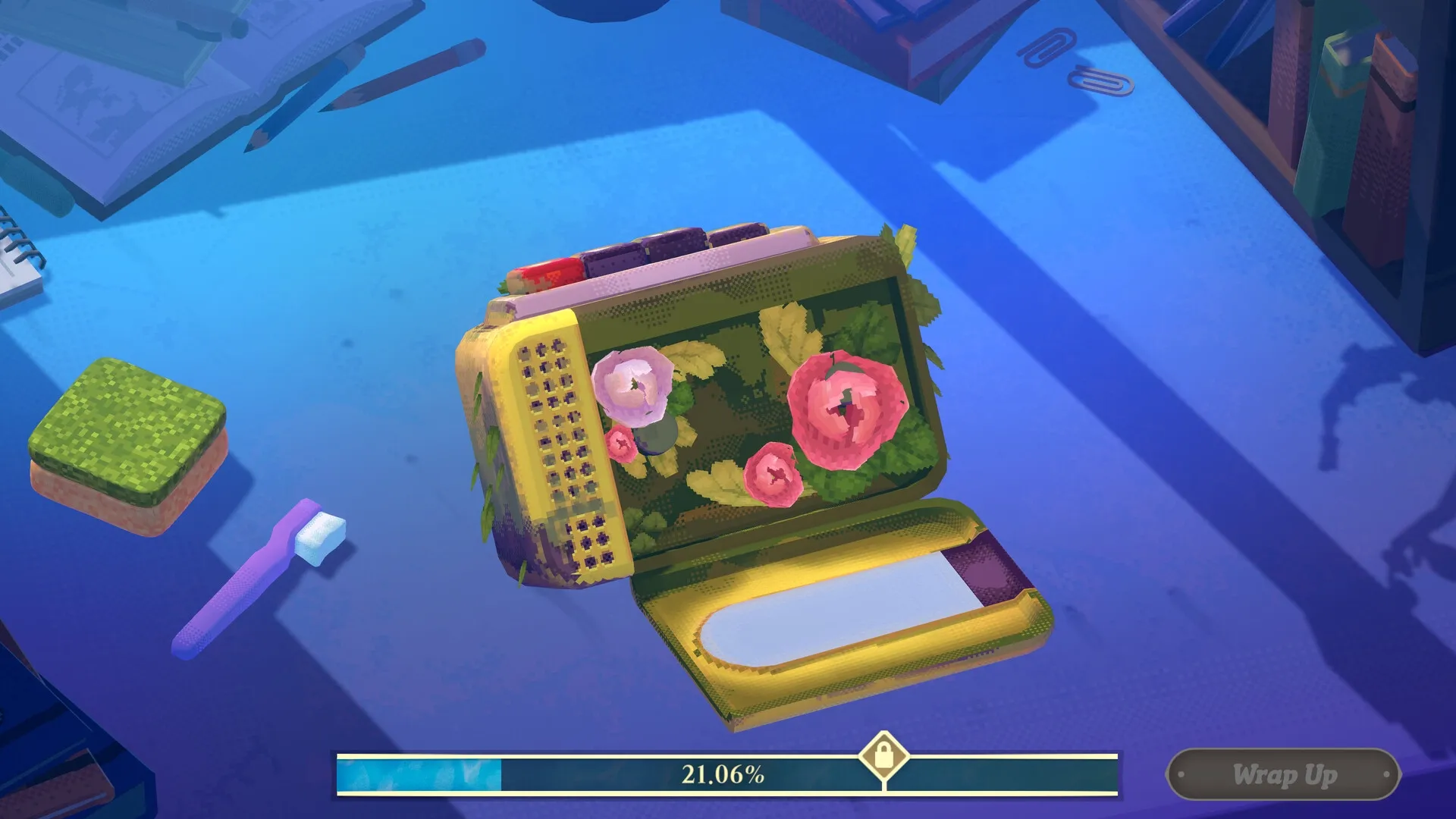Undusted: Cleaning a flower-patterned case with tools in a cozy workroom, progress bar at 21.06%