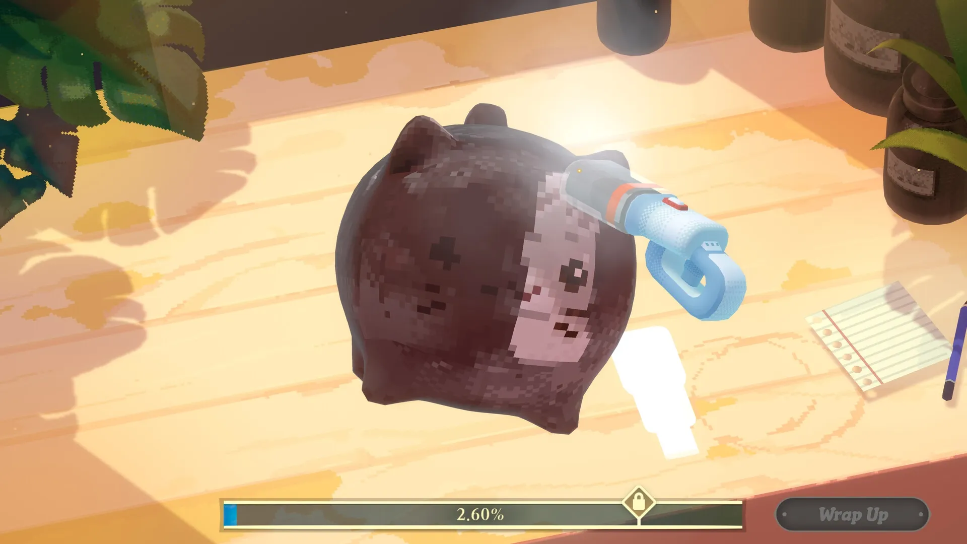 Undusted: Player cleans dirt-covered piggy bank with tool in cozy wooden tabletop setting