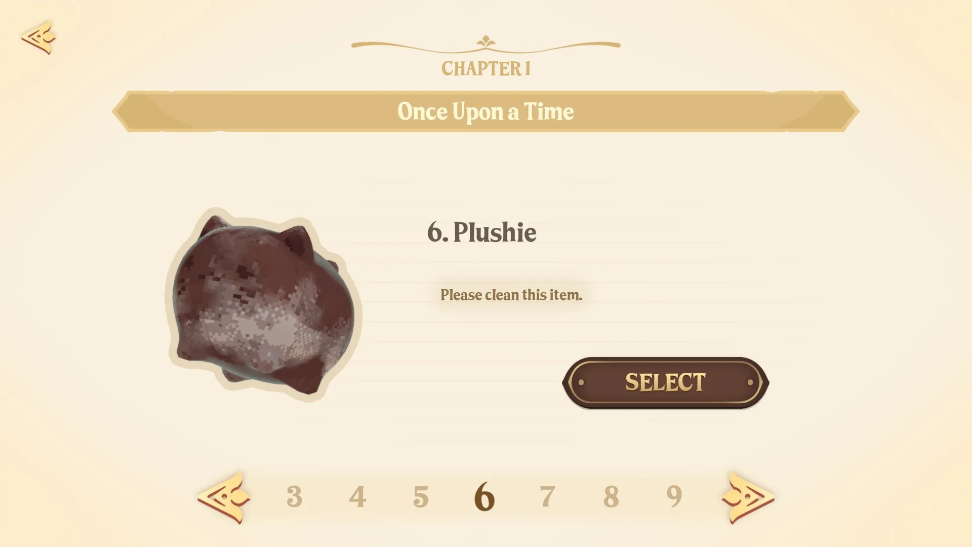 Undusted: Cleaning plushie interface in Chapter 1, with select button and navigation arrows visible