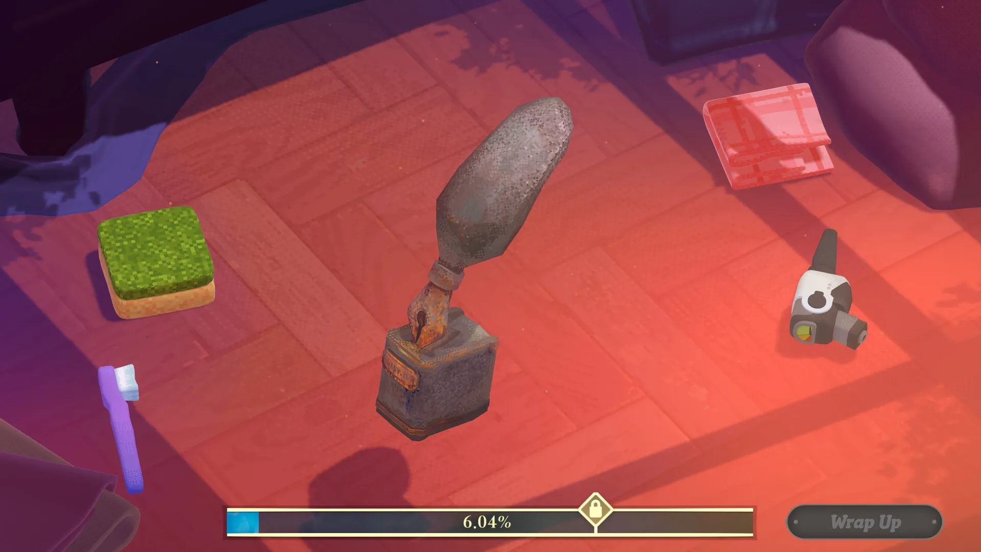 Undusted: Cleaning a rusty tool on wooden floor with progress bar and cleaning items visible