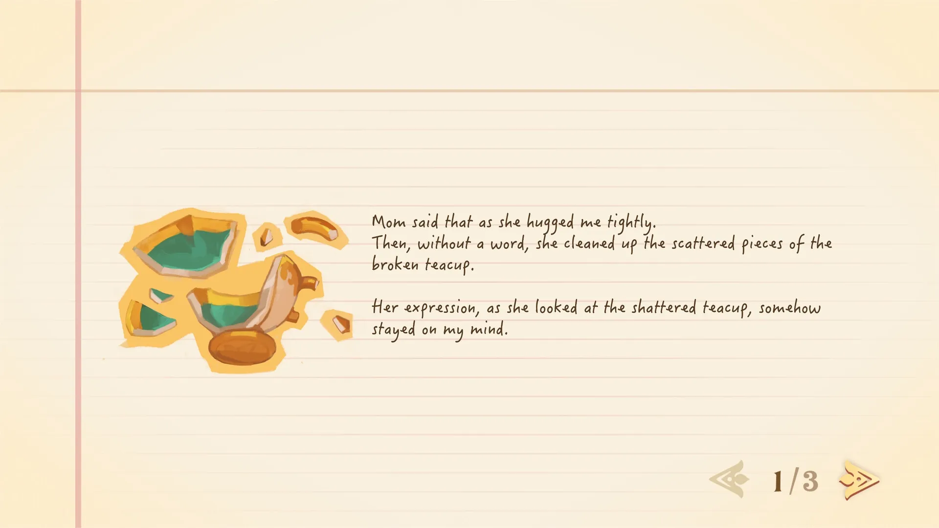 Undusted: Broken teacup pieces with handwritten story text on a lined paper background, page 1 of 3