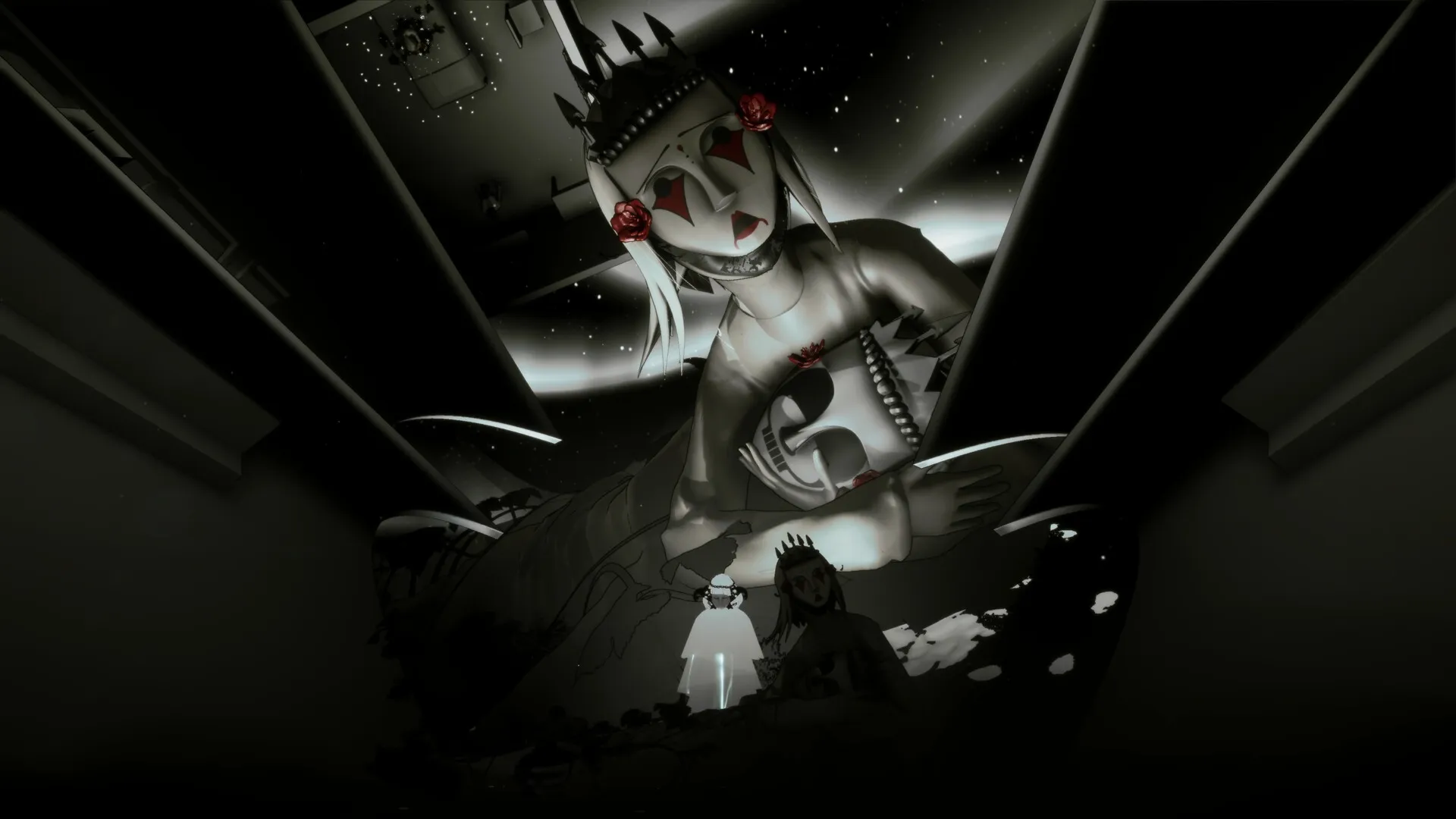 Undying Flower: Ethereal figure with crown and roses in dark, surreal environment with floating shapes.