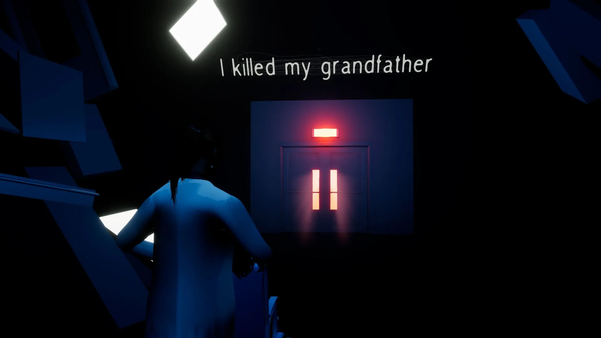 Undying Flower: Character facing red-lit door with "I killed my grandfather" text in dark hallway