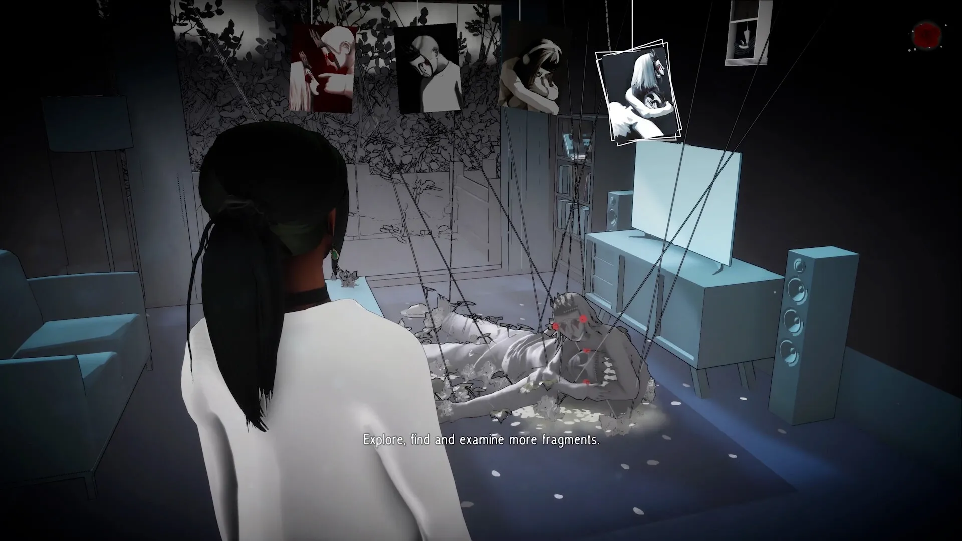 Undying Flower: Character observes a room filled with suspended photographs and a figure on the floor