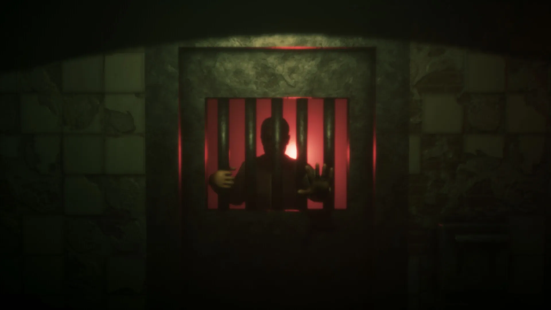 Undying Flower: Shadowy figure behind bars in dimly lit cell with red glow illuminating the background