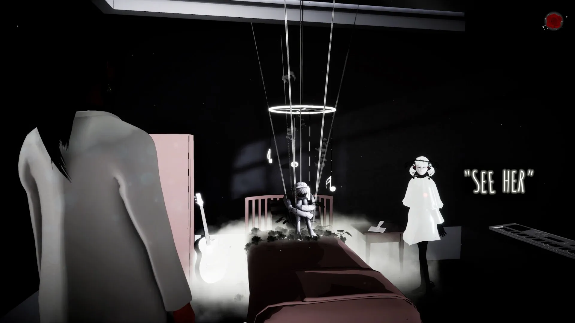 Undying Flower: Shadowy figure observes puppet suspended above bed in dark, mysterious room with text "SEE HER"