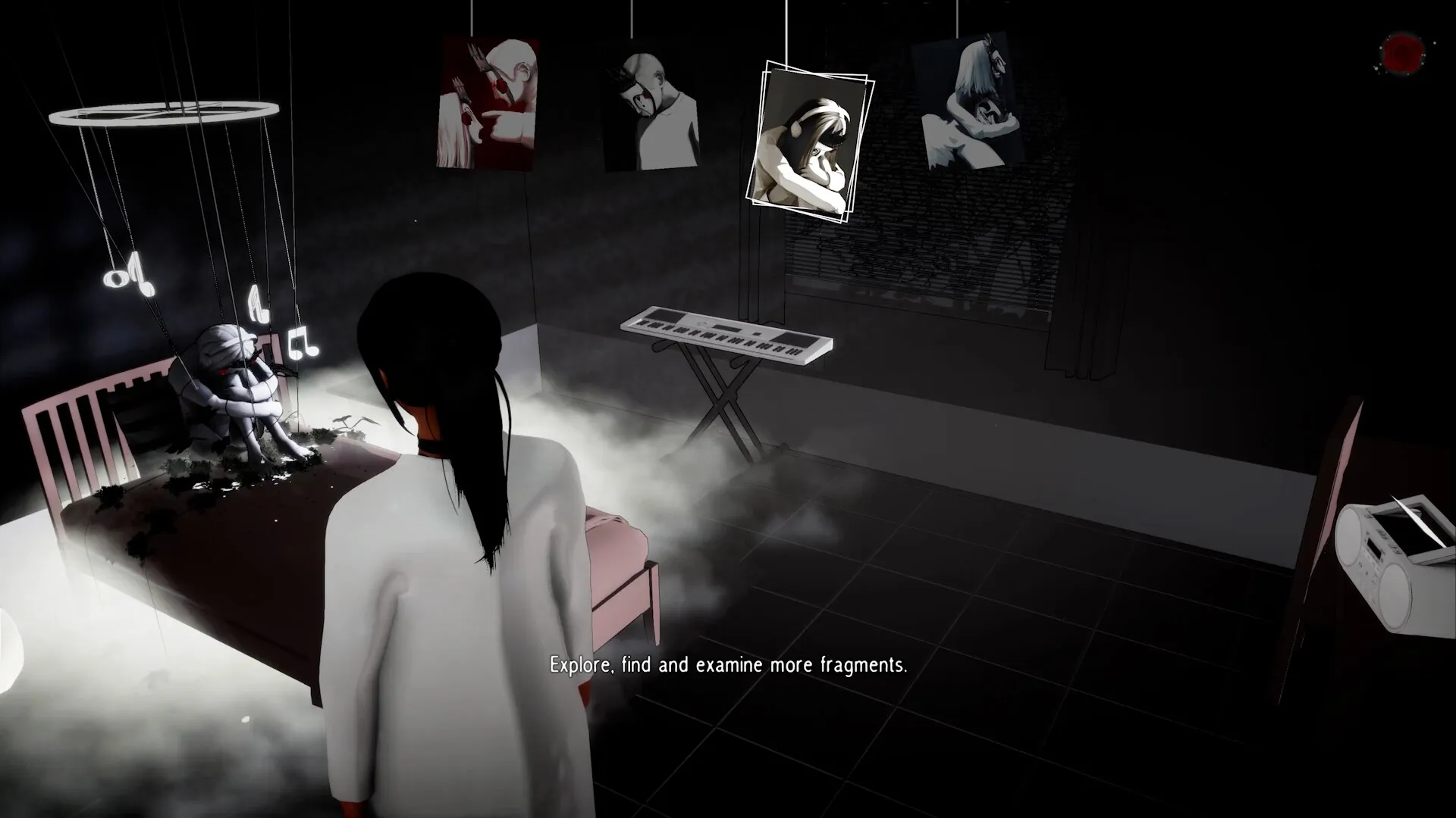 Undying Flower: Character observing puppet on bed in dark room with eerie photos and keyboard nearby