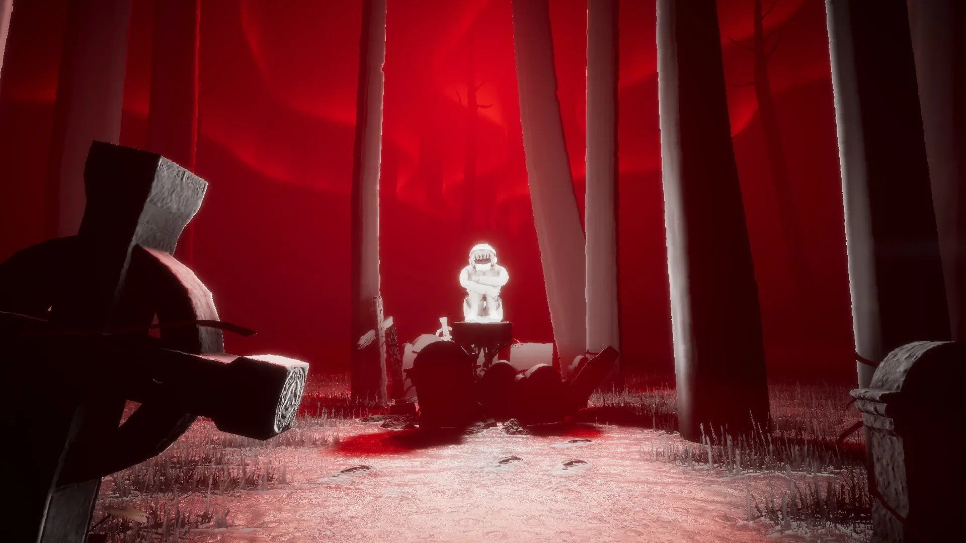 Undying Flower: White figure seated on a stump in eerie red forest with tall, dark trees
