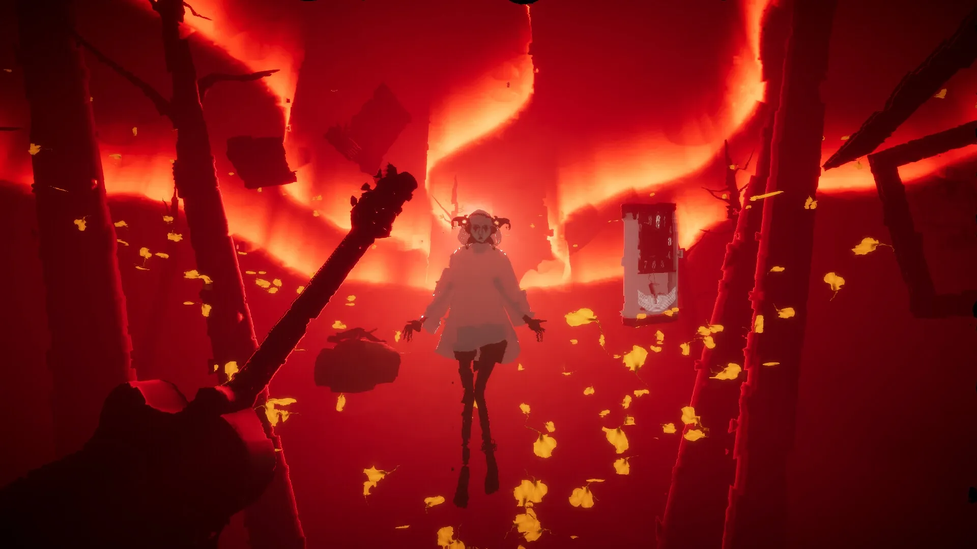 Undying Flower: Central character floating in fiery red environment with scattered yellow petals