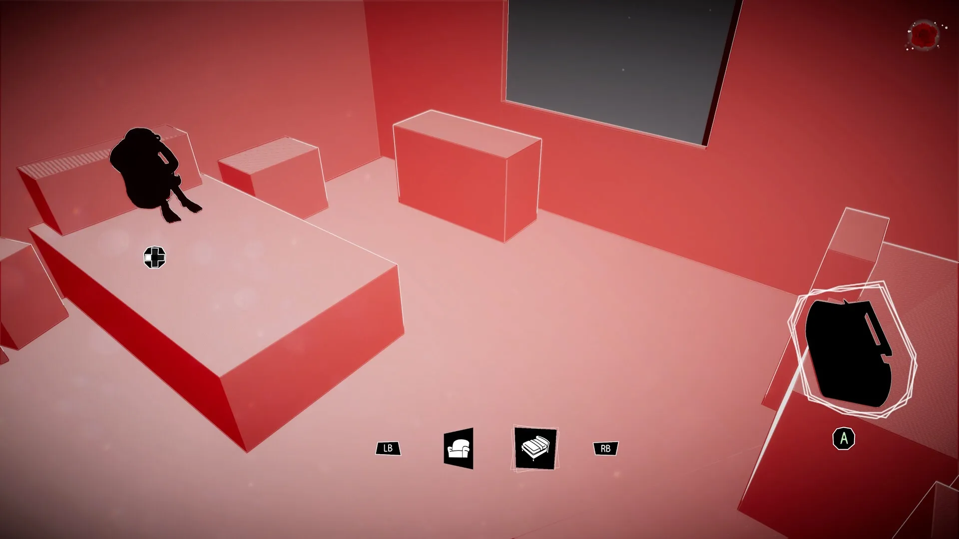 Undying Flower: Silhouette on bed in red room with UI elements and a highlighted action icon