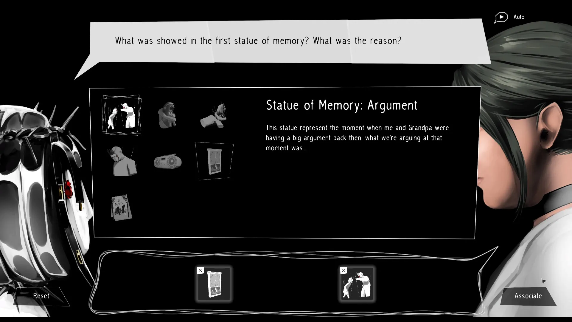 Undying Flower: Character dialogue with memory icons and text about a past argument with Grandpa