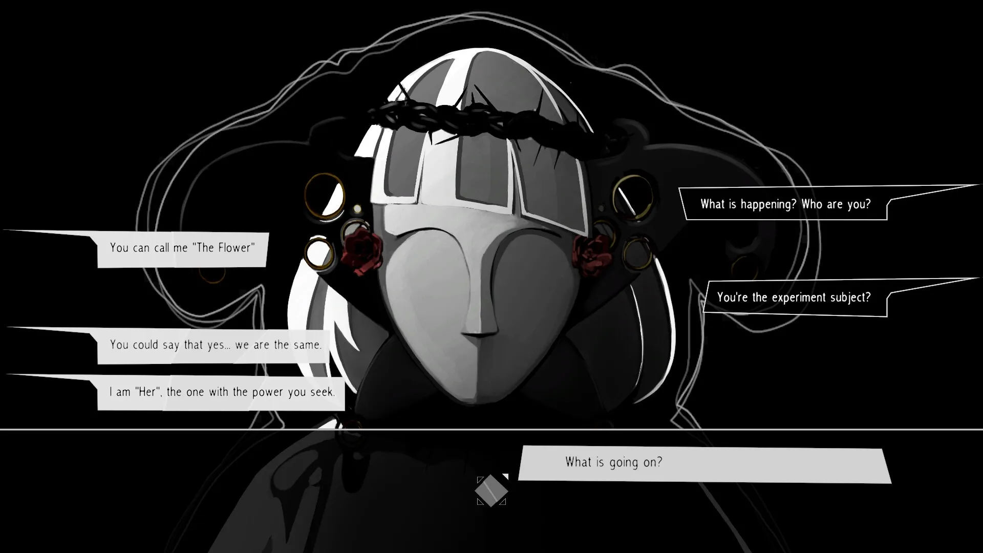 Undying Flower: Mysterious masked figure with dialogue choices in a dark, abstract environment