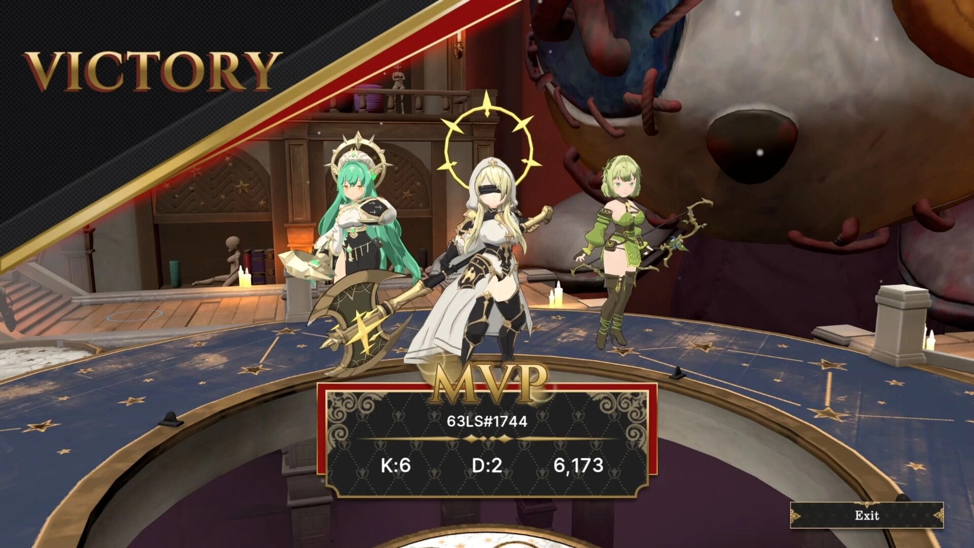 Undying War: Victory screen showing three characters on a stage with MVP stats and exit button displayed.