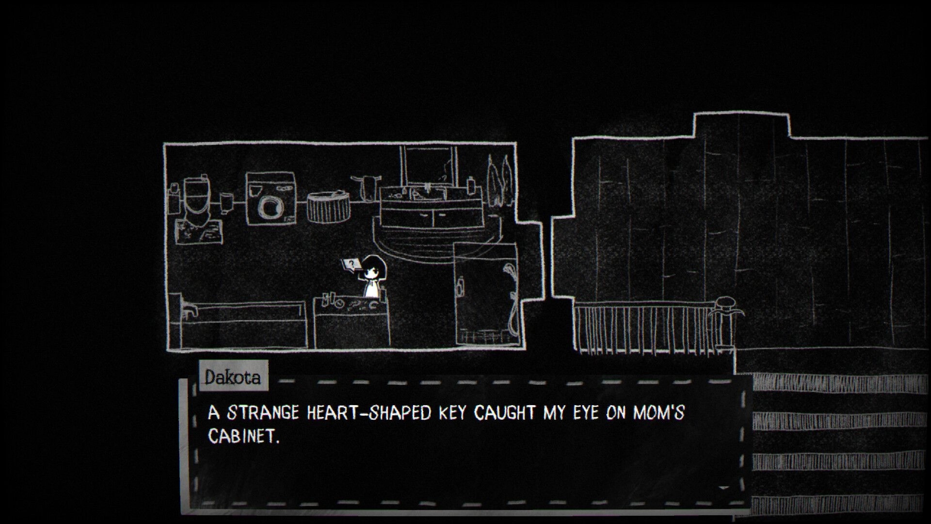 Unfriendly Friend: Dakota finds a heart-shaped key in the dark, hand-drawn bathroom with a dialogue box below.