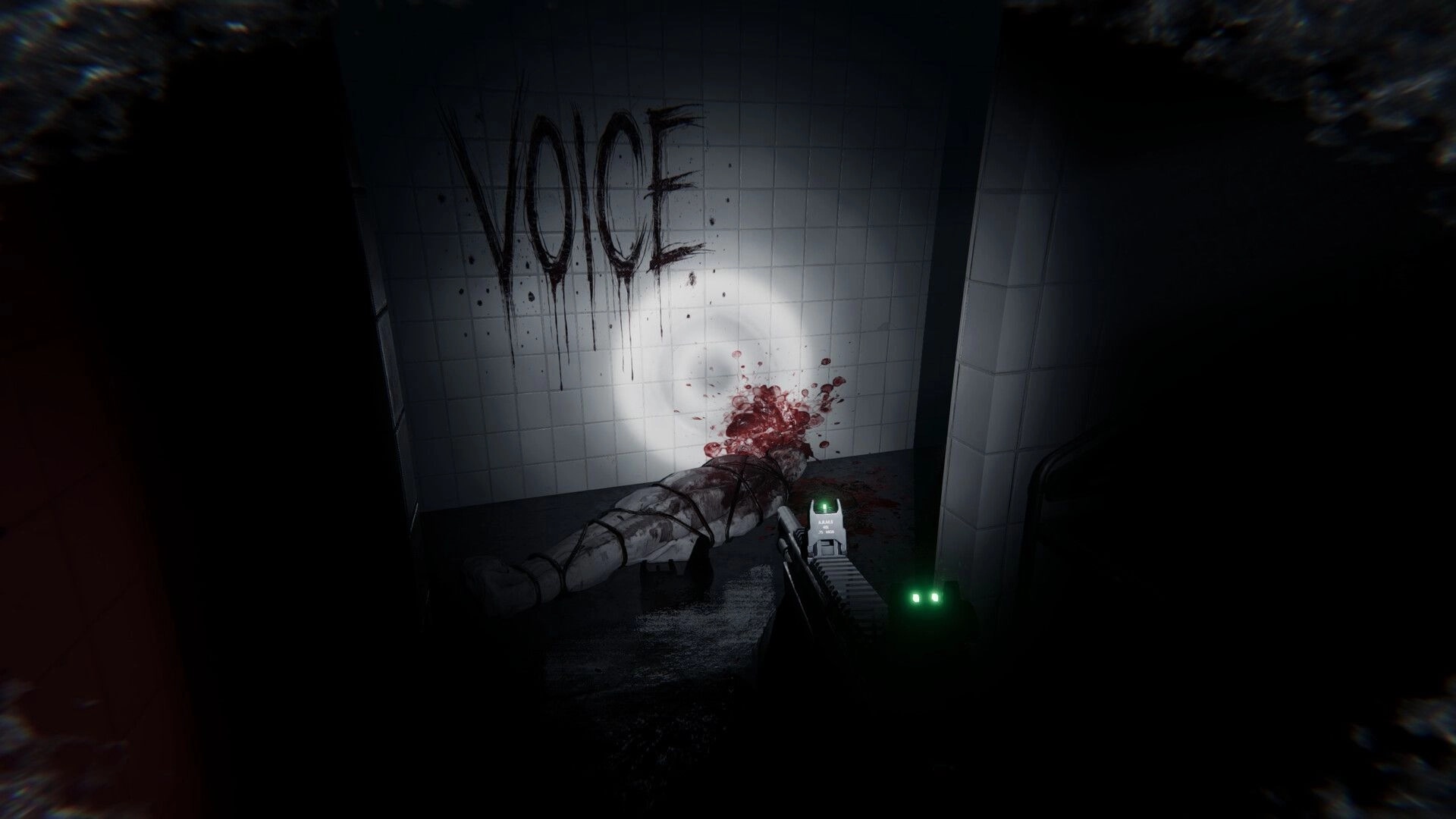 UNFROST: First-person rifle aimed at a bloodied body bag under “NOICE” graffiti in tiled room.