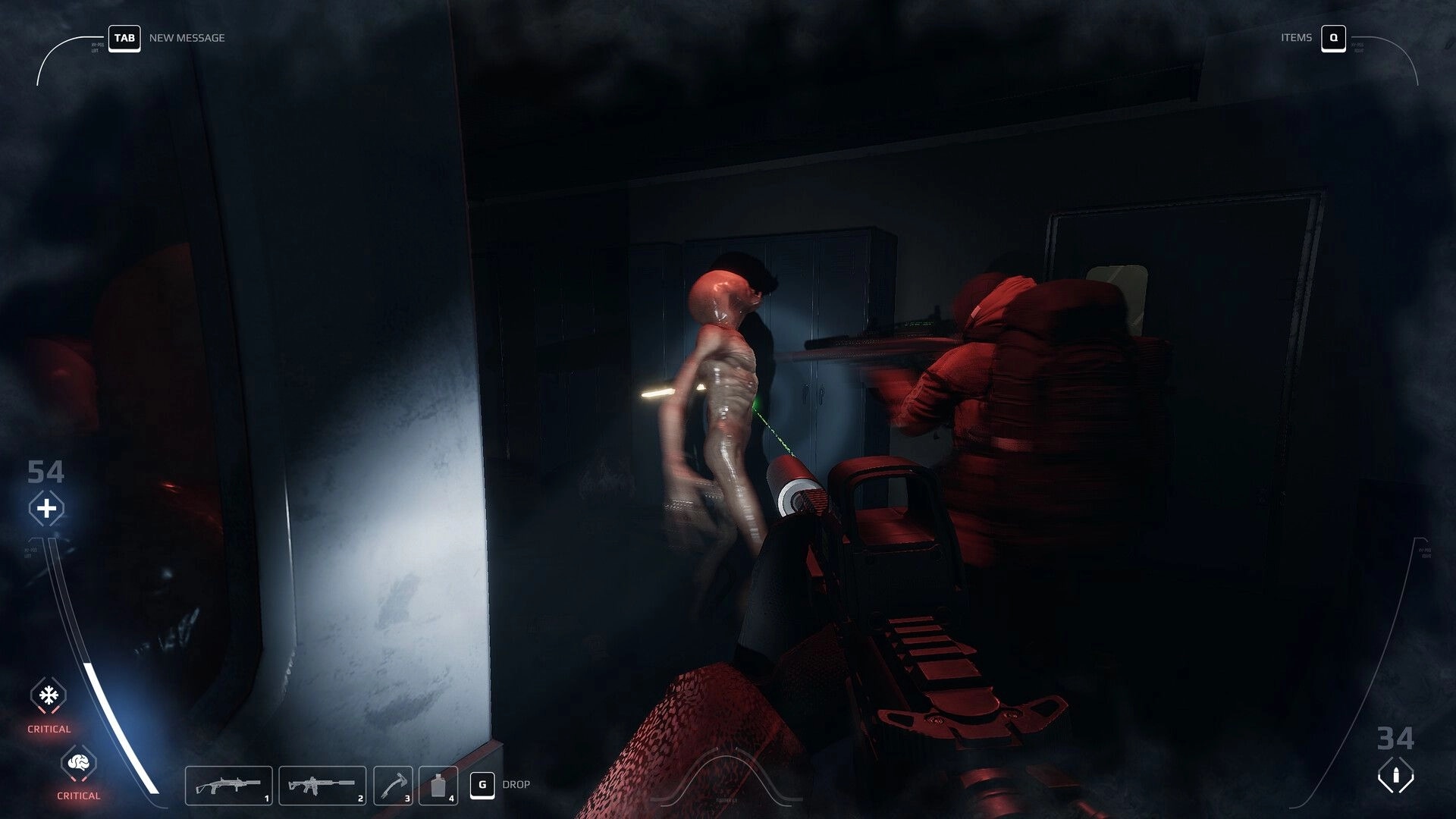 UNFROST: First-person firefight with pale humanoid in dark corridor, ammo and health UI critical.