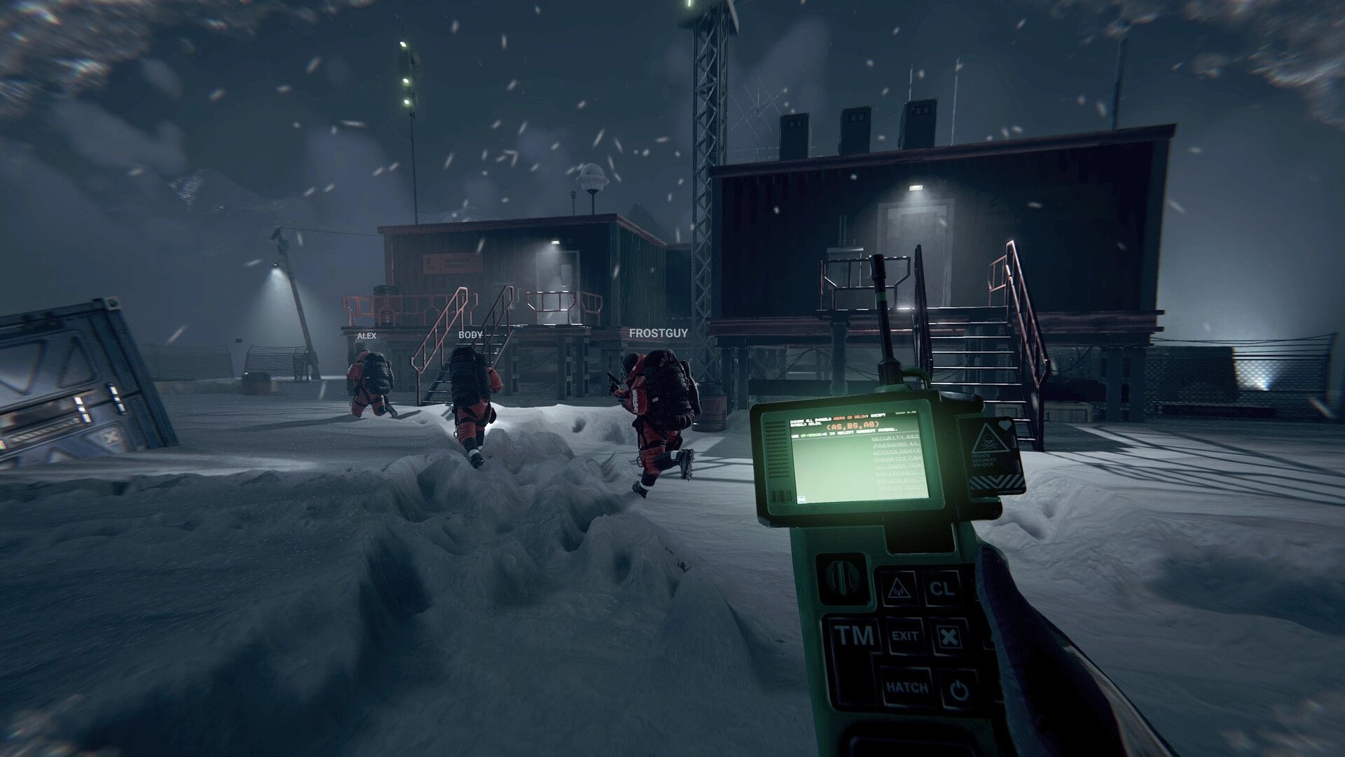 UNFROST: Teammates Alex, Body, Frostguy run through snow to base buildings as radio UI glows.