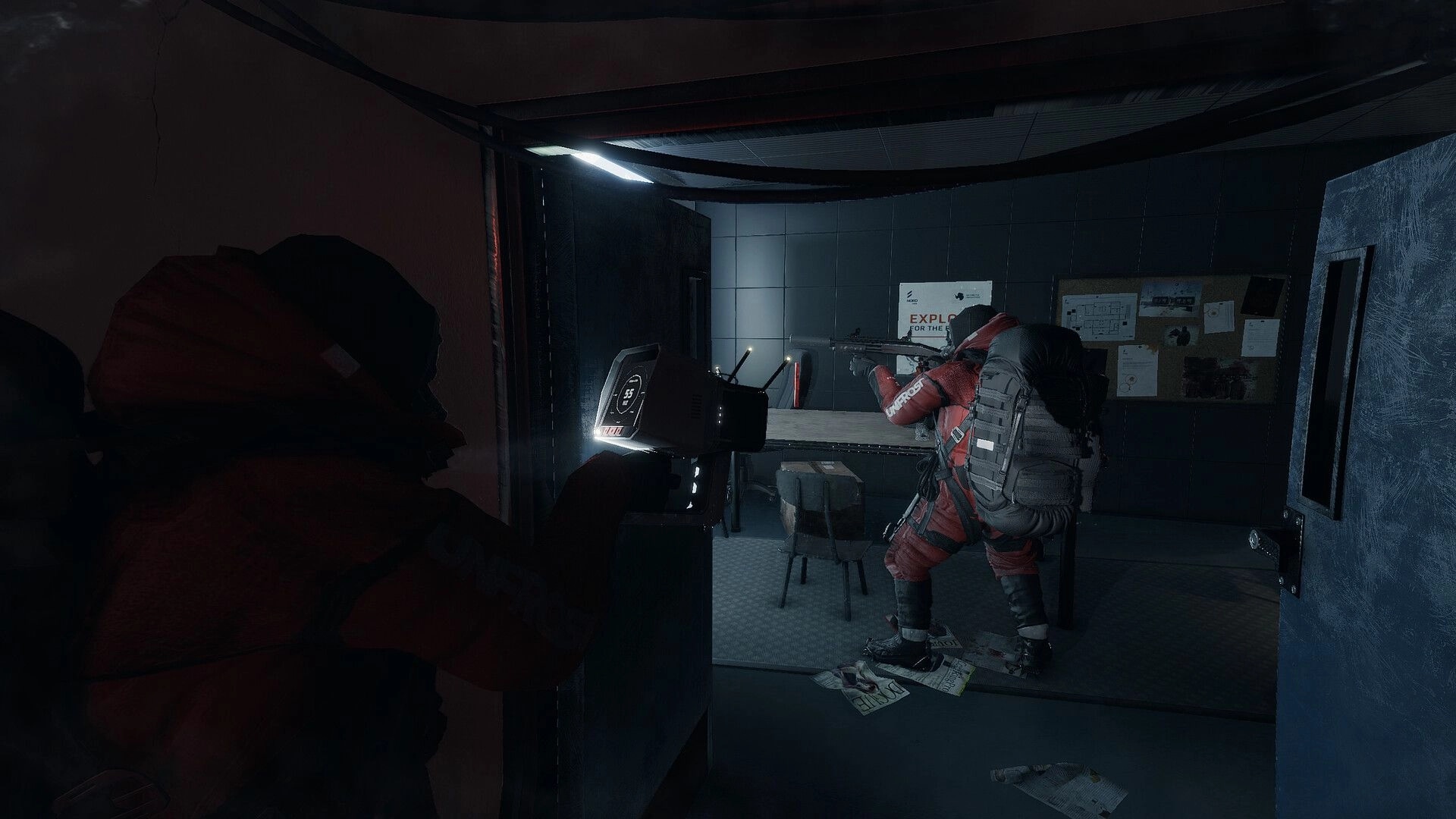UNFROST: First-person view aiming a handheld scanner at a teammate in a dim base office room.