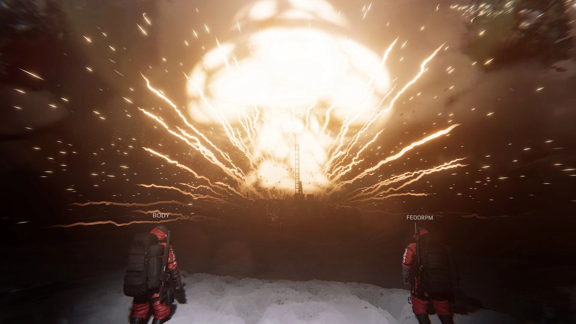UNFROST: Two co-op players watch a massive blast erupt near a tower in a snowy night base.