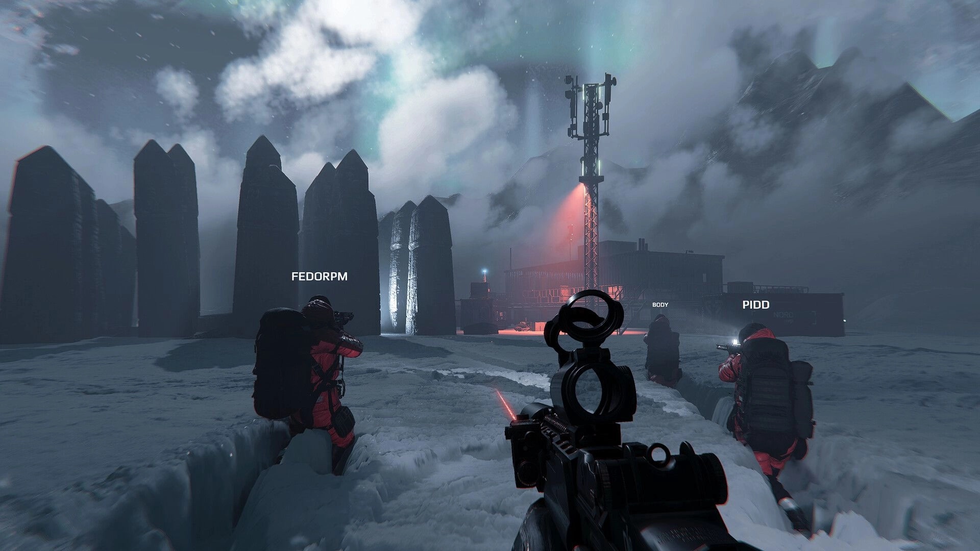 UNFROST: First-person squad aims rifles at a lit Antarctic base, teammate name tags visible in snowstorm.