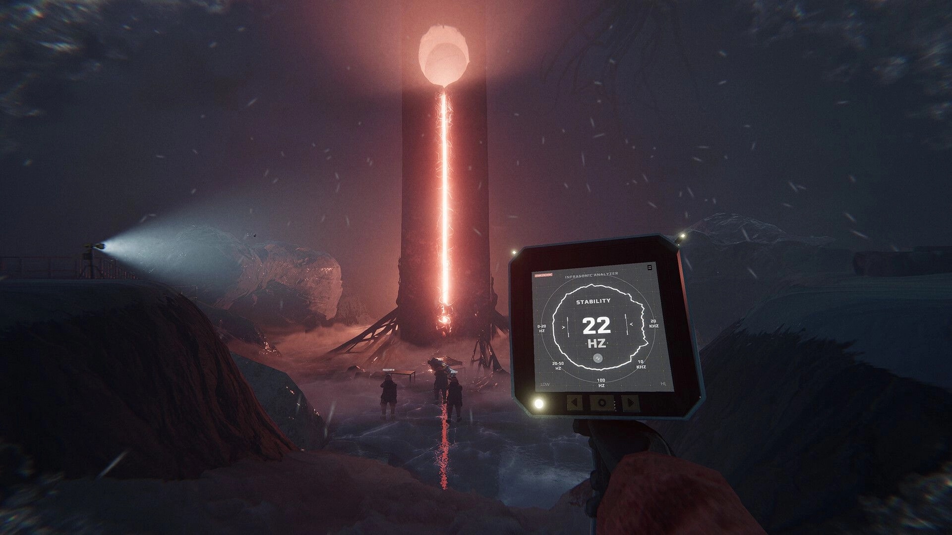UNFROST: Player scans a glowing monolith with infra analyzer UI in a snowy Antarctic storm at night.