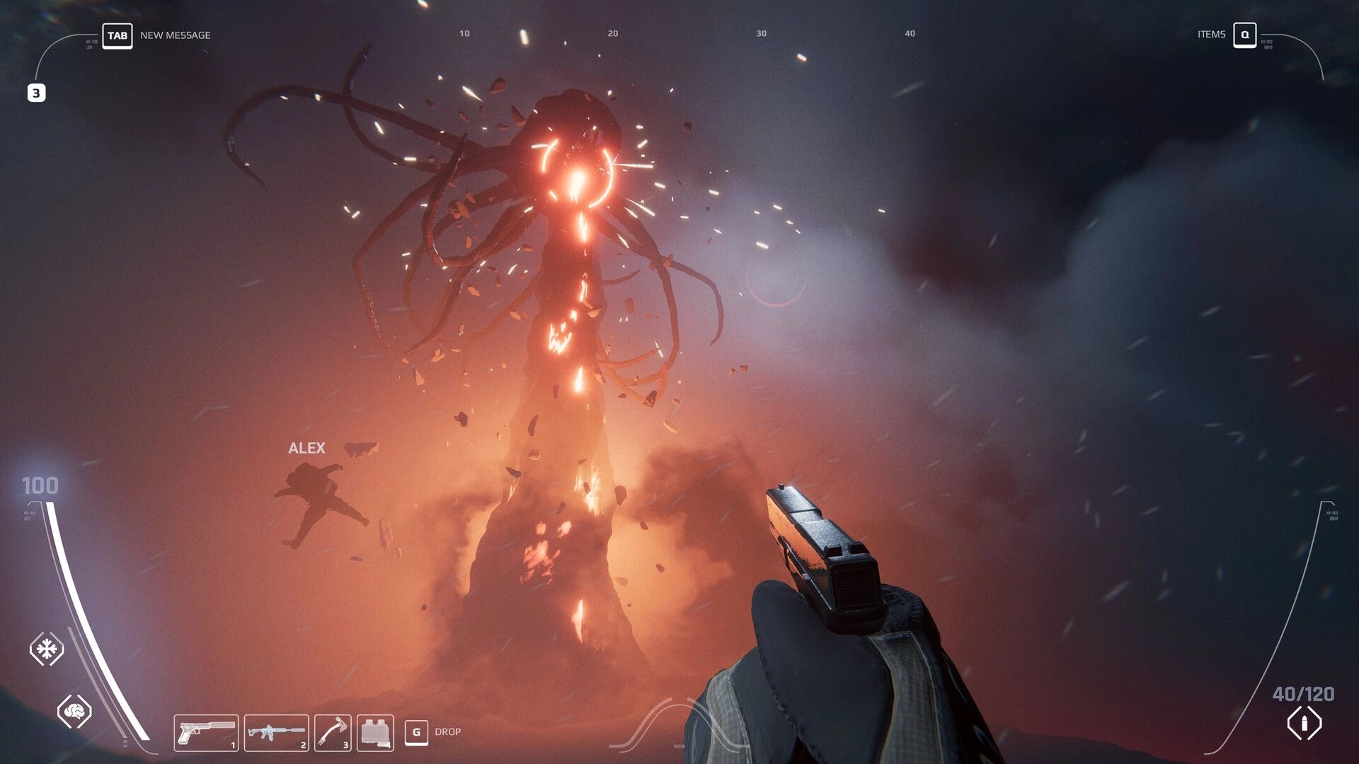 UNFROST: First-person pistol aimed at a glowing tentacled Riftborne in a blizzard, Alex nearby HUD visible.