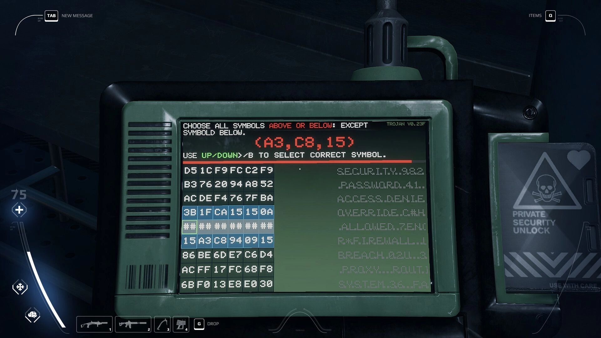 UNFROST: Hacking minigame terminal with code grid and symbol prompt inside a dim metal facility room.