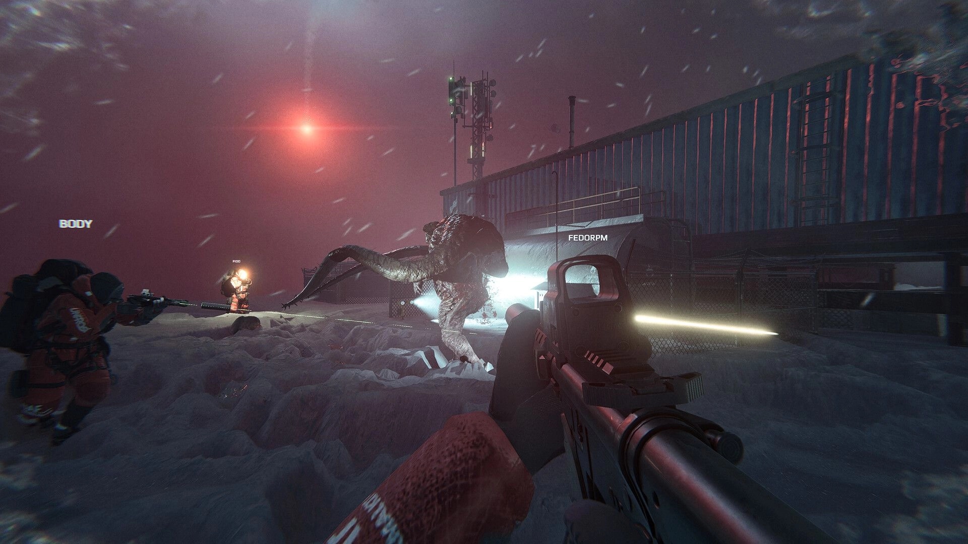 UNFROST: Co-op firefight with rifles vs tentacled monster in blizzard outside metal facility at night.