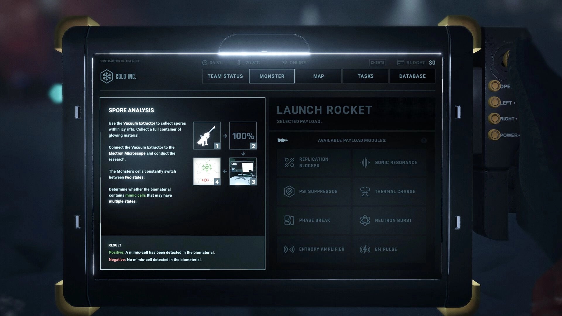 UNFROST: In-game tablet UI showing Spore Analysis steps and Launch Rocket payload module list.