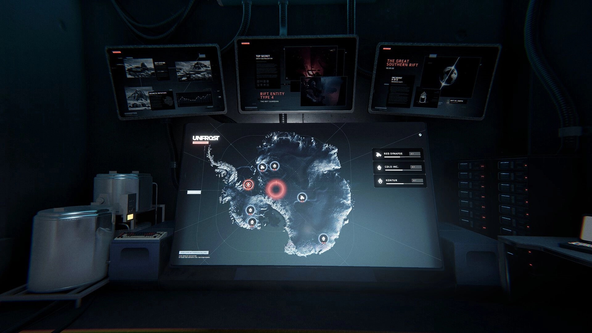 UNFROST: Mission control map table with Antarctica hotspots and squad list in a dark bunker room.