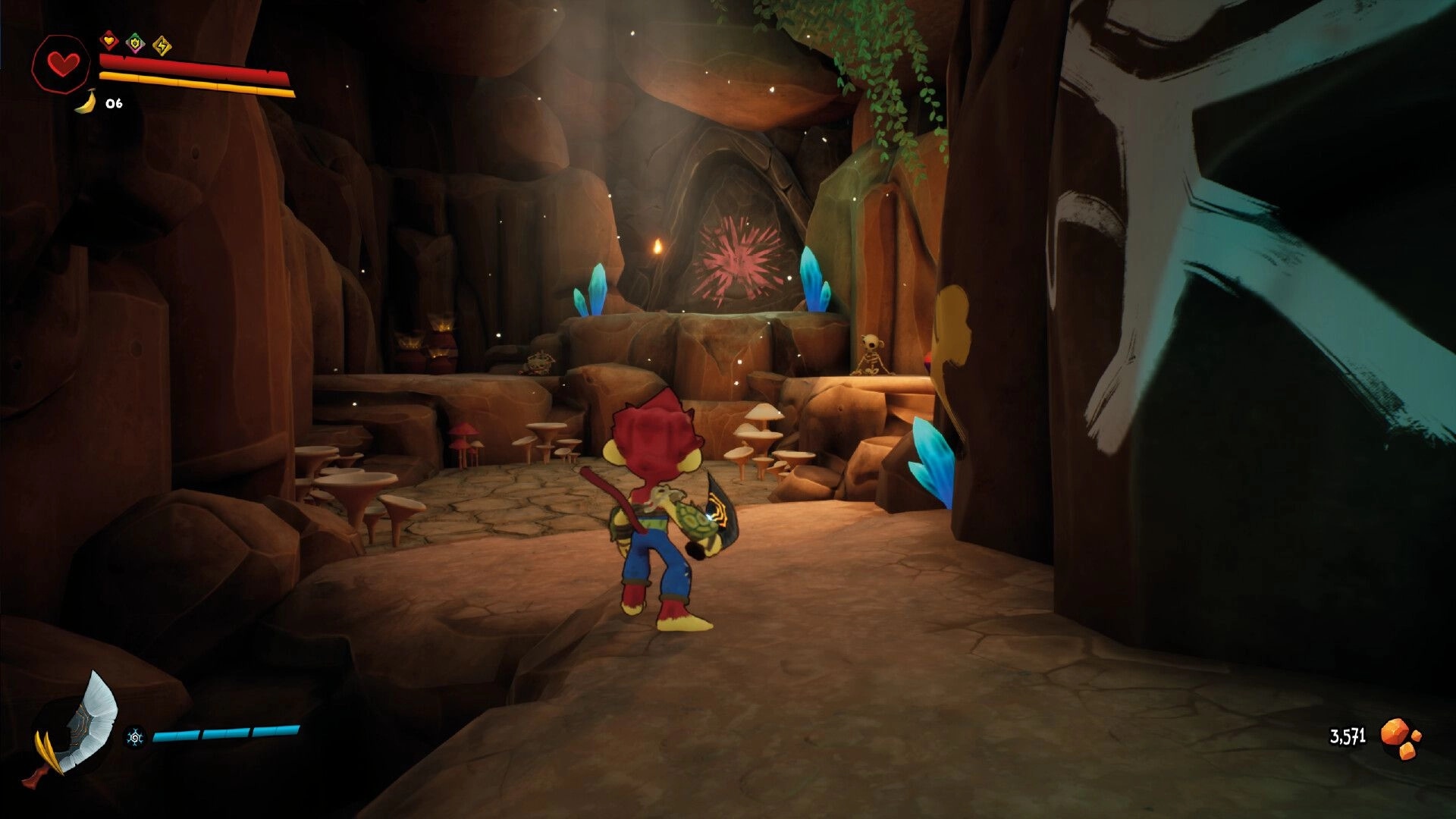 UNGALAND!: Character with red hair explores a cave with glowing crystals and ancient paintings on walls